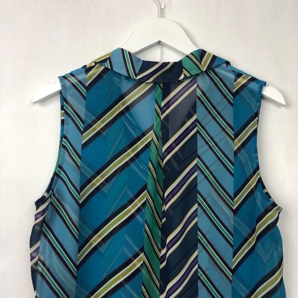 CAbi Blue Multi Diagonal Stripe Collared Sleeveless Blouse Size Medium - Picture 12 of 14